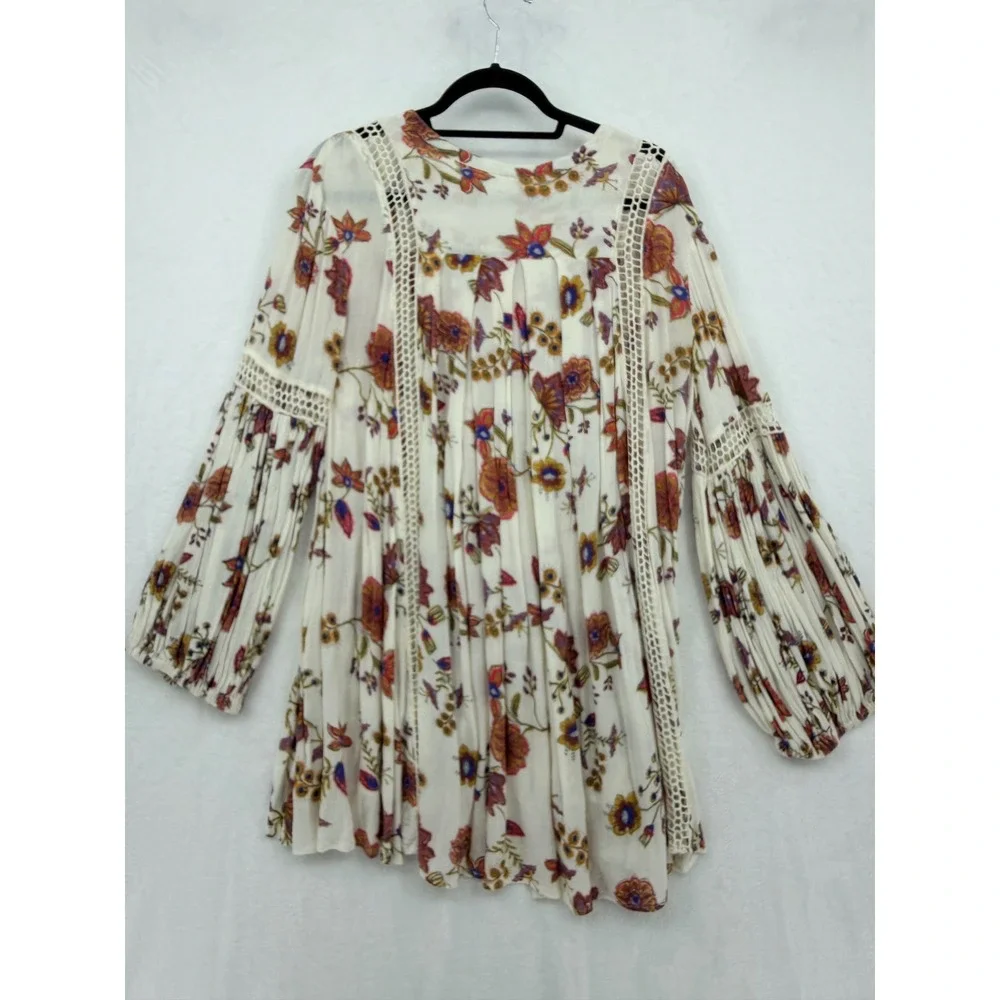 Free People Just The Two of Us Floral Tunic Top Cream Med Hippie Peasant Folk